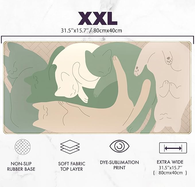 Cute Sleeping Cats Desk Mat Matcha Green Desk Pad, Minimalist Boho Mouse Pad XXL, Cream Tan Gaming Deskmat, Large Kawaii Keyboard Mat, Fun Office Decor Desk Accessories for Women 31.5"x15.75"
