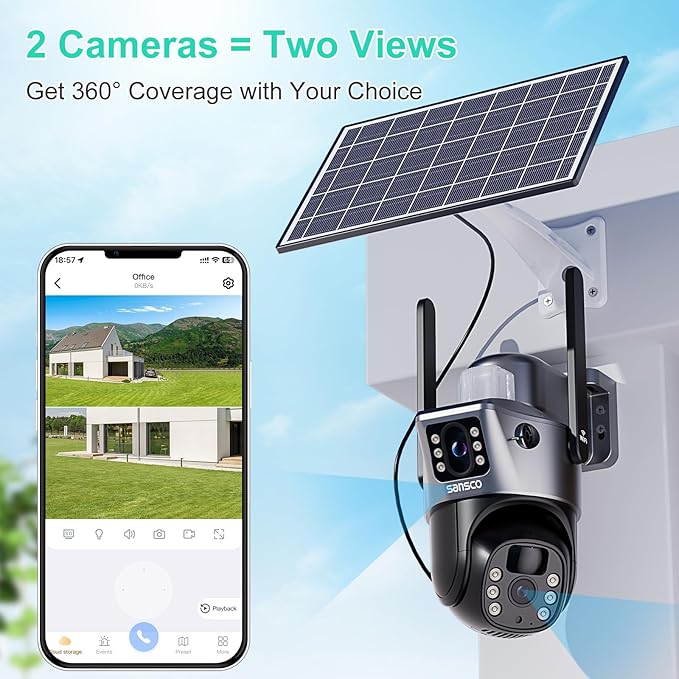 SANSCO 2K Dual Lens Solar Security Camera Wireless Outdoor, No Wires Needed, 2.4G & 5G WiFi, 360° PTZ Home Security Camera, Spotlight Color Night Vision, 2-Way Audio, PIR Motion Detection (4 Pack)