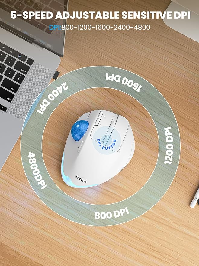 MAM1 Pro Wireless Trackball Mouse, Ergonomic Bluetooth Rechargeable Computer Mouse, Backlit Rollerball Thumb mice with 5 Level DPI, Adjustable Angle, 3 Devices Connection for PC, Windows - White Mouse
