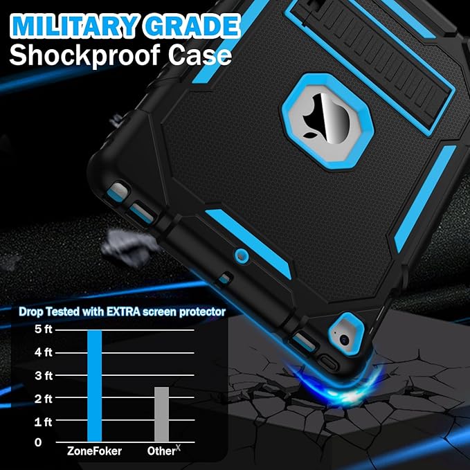 ZoneFoker 9.7" Case for iPad 6th/5th Generation 2018/2017, Air 2/Air 1st/Pro 9.7, Heavy Duty Shockproof Protective Cover with Built-in Stand for iPad 6/5 Gen (Black+Blue)