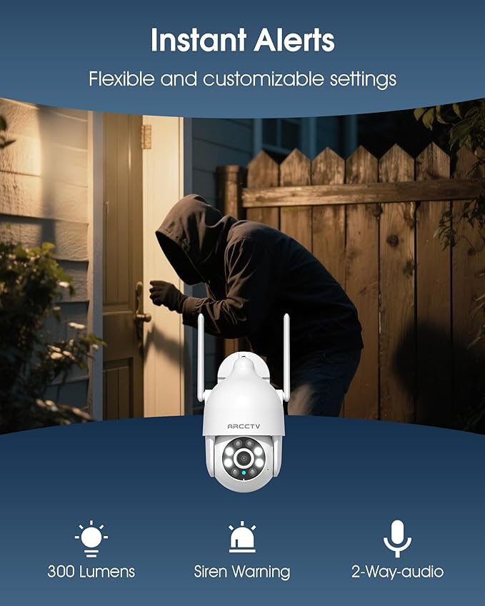 ARCCTV 2K Security Camera Outdoor, 2.4G/5G WiFi 24/7 Recording Security Camera, 360° PTZ Auto Tracking, Motion Tracking, Full Color Night Vision, Waterproof