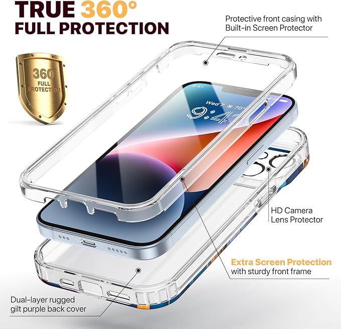 Diaclara Designed for iPhone 14 Case, Full Body Rugged Case with Built-in Touch Sensitive Anti-Scratch Screen Protector, with Camera Lens Protector for iPhone 14 6.1" (Water Blue)