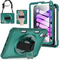 BRAECNstock Case for iPad mini 7 (A17 pro) 2024 & Mini 6 2021 8.3-inch,Shockproof Protective Cover with Pencil Holder,Screen Protector,360° Rotating Hand Strap/Stand-Midnight Green