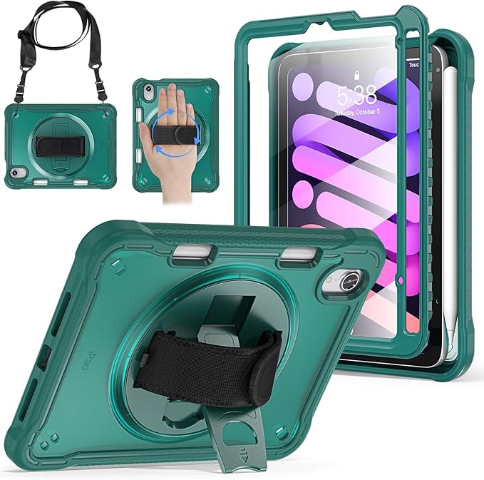 BRAECNstock Case for iPad mini 7 (A17 pro) 2024 & Mini 6 2021 8.3-inch,Shockproof Protective Cover with Pencil Holder,Screen Protector,360° Rotating Hand Strap/Stand-Midnight Green