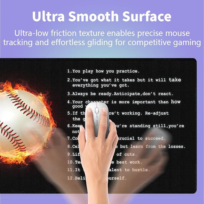 Large Gaming Mouse Pad (31.5" x 15.8")- Fantasy Baseball with Flame Inspirational Quote Wisdom for Success in Life & Sport, Extra XXL Office Accessories, Premium Stitched Anti-Slip Desk Mat