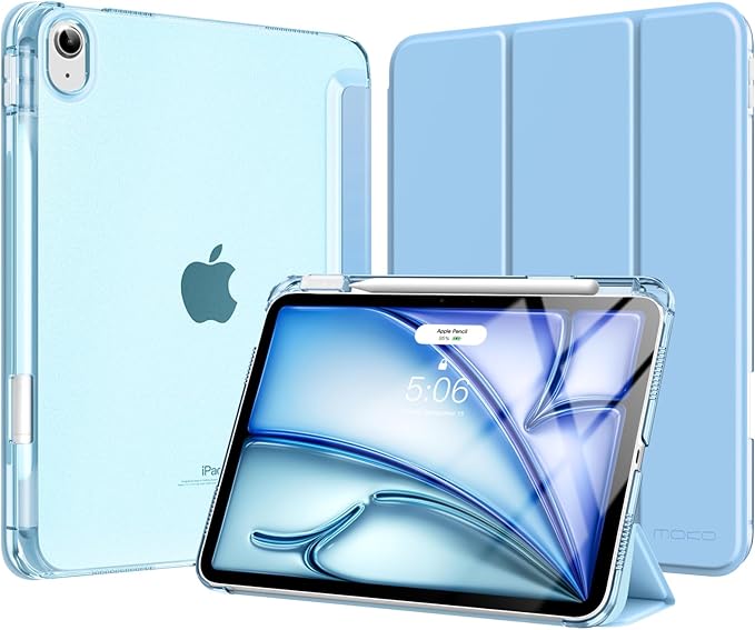 MoKo for iPad Air 11 inch Case (M4/M3/M2) 2026/2025/2024, iPad Air 5th/4th Gen 10.9 inch Case 2022/2020 with Pencil Holder, Slim Light Trifold Cover with Hard PC Translucent Back Shell, Sunny Blue