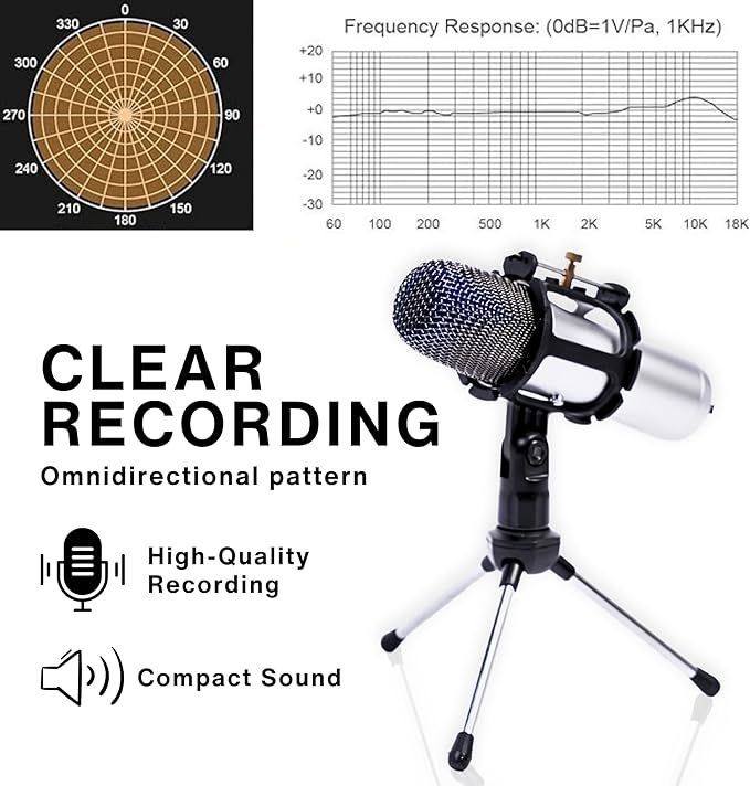 Omnidirectional Condenser Podcast Microphone for Computer - USB Microphone for PC - Gaming Mic for Streaming PC - Recording Mic for Singing w/Pop Filter, Shock Mount & Tripod - Music Studio Equipment