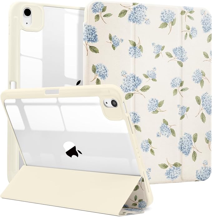 MrARTIST for iPad Air 11 Inch Case M3/M2 - Air 5th/4th Generation 10.9" Cute Women Girls Girly Kawaii Aesthetic Kawaii Flowers Design for Apple Air Tablet Cover with Pencil Holder, Hydrangea