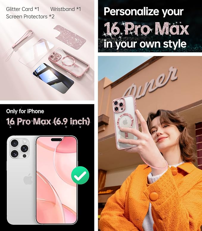 Meifigno Designed for iPhone 16 Pro Max Case 6.9", [Glitter Card & Wrist Strap], Compatible with MagSafe, 1X HD+1X Privacy Screen Protectors, Surround Lens Protection Designed for 16 ProMax, Rose Gold