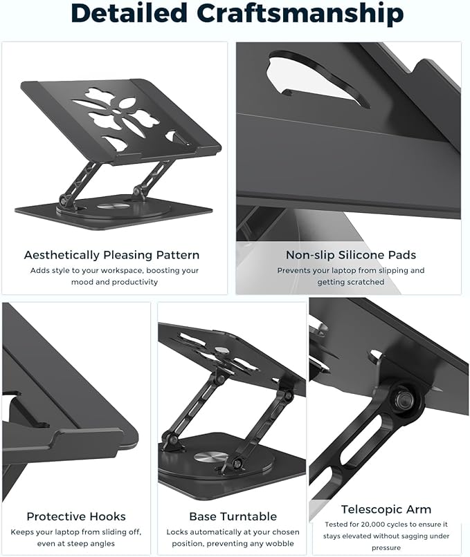 Aoviho 360° Rotating Laptop Stand for Desk | Adjustable, Foldable, Portable Aluminum Ergonomic Riser | Compatible with MacBook, Dell, HP & All Laptops 10-16 inch | Black