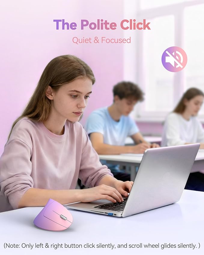TECKNET 2.4G Ergonomic Mouse Vertical Wireless - 4800 DPI Optical Carpal Tunnel Mice Right Hand, 4800 DPI Adjustable, Quiet Clicks, 6 Buttons for Laptop, Desktop, PC, Computer - Pink Purple