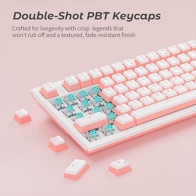 Hexgears X4 Wireless Mechanica Keyboard, 99-Key Clicky Switch White Backlit Gaming Keyboard - NKRO 2.4G/USB-C with Wrist Rest, Pudding Keycaps-White/Pink