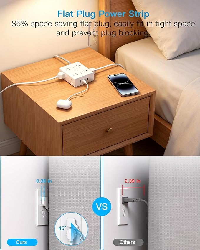 10 Ft Flat Plug Extension Cord with Multiple Outlets, Surge Protector Power Strip 10 Ft Long Cord, 8 Outlet 4 USB Ports (2 USB C), Multi Outlet Wall Plug for Office, College, Dorm Room Essentials