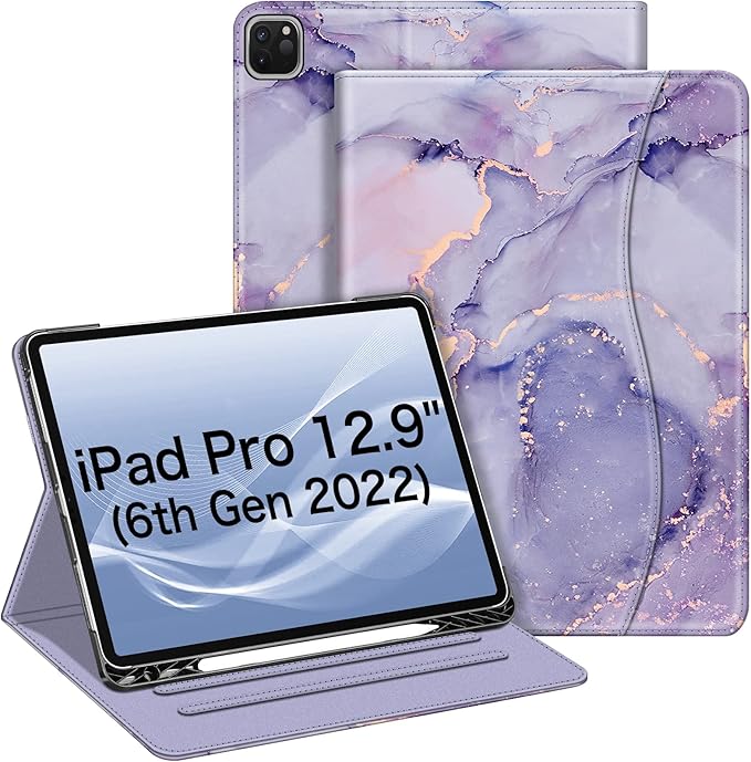 Fintie Folio Case for iPad Pro 12.9" 6th Generation 2022, Multi-Angle Smart Stand Cover w/Pencil Holder & Pocket, Also Fit iPad Pro 12.9 2021 5th & 2020 4th & 2018 3rd Gen, Lilac Marble