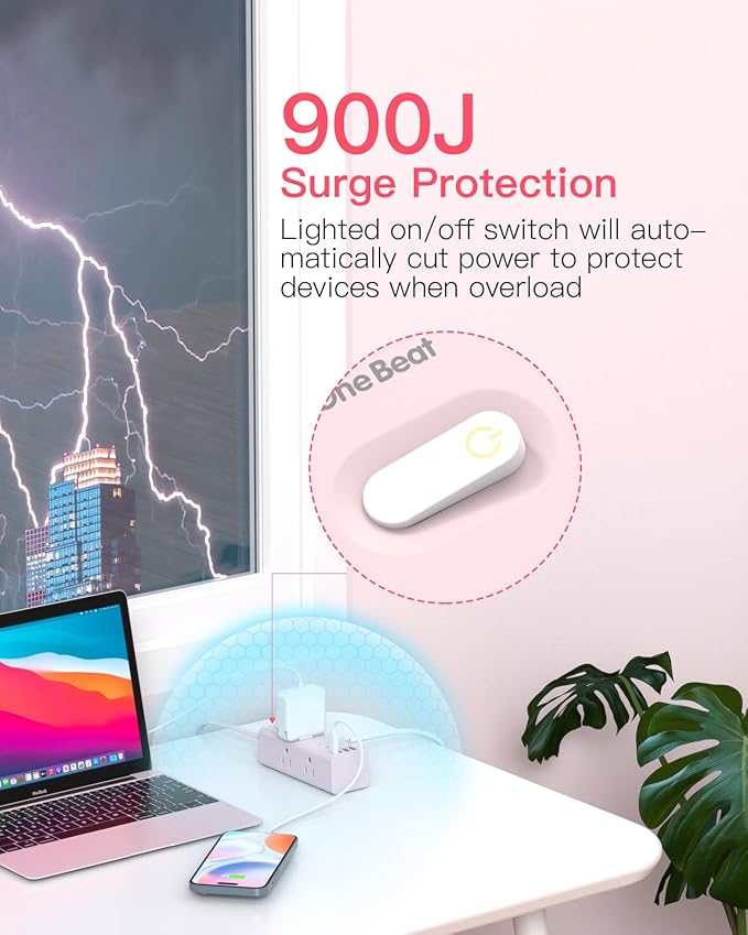 5Ft Extension Cord with Multiple Outlets, Flat Plug Power Strip Surge Protector with 5 Ft Long Cord, 6 Outlet 4 USB Ports (2 USB C), Multi Outlet Wall Plug for College, Dorm Room Essentials(Pink)