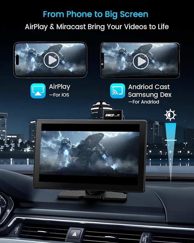 IK9 9" Wireless CarPlay & Android Auto Screen, Portable Car Stereo with 4K Dash Cam & 1080p Rear Camera, CarPlay with Backup Camera, Touch Screen GPS Display, Mirror Link, Apple Car Play Screen