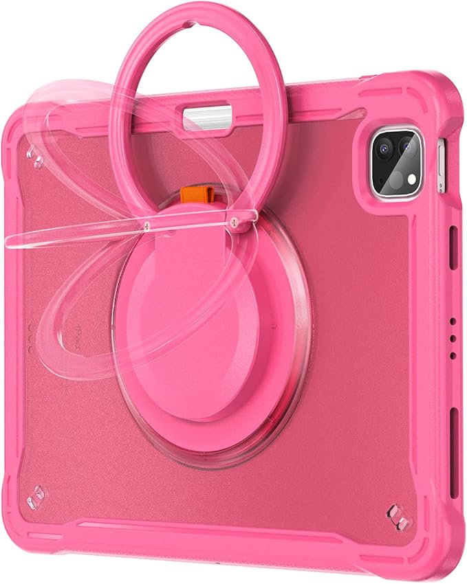 Batianda Ultimate Protective Case for iPad Pro 11-inch 2022 4th M2 Chip /2021 (3rd Generation) Rugged Shockproof Tablet Cover with 360° Rotatable Kickstand & Shoulder Strap & Pencil Holder, Pink