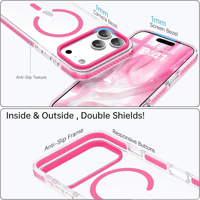BENTOBEN Magnetic for iPhone 17 Pro 6.3" Case, Compatible with Magsafe Military Shockproof Protective Cute Transparent Slim Anti-Yellowing Phone Case for iPhone 17 Pro Cover, Clear Hot Pink
