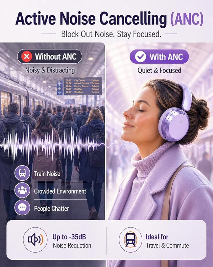 Wentronic Y05 Bluetooth Over-Ear Headphones with Active Noise Cancelling, Hi-Res Audio, 48H Playtime, Built-in Mic, Wired/Wireless, Works with iOS, Android & PC, Purple