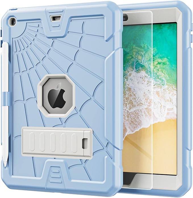 TSQQST iPad 9.7 Case for Kids with Glass Screen Protector | iPad 5th 6th Generation for Kids Boys Girls with Stand Pencil Holder| Shockproof Protective Case for iPad 5th 6th Gen 2017 2018 | Ice Blue