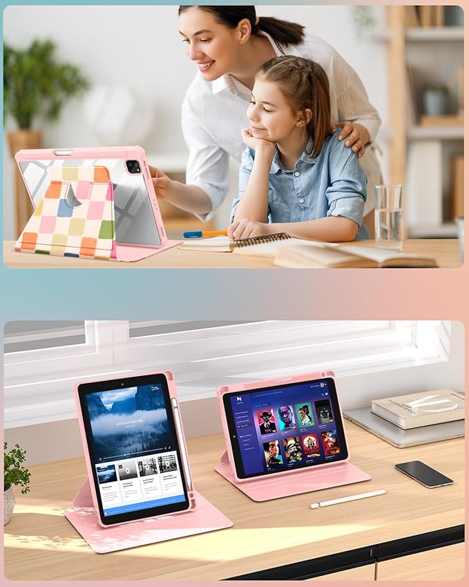 Uppuppy for iPad Air 11 inch Case(Air M4 2026, 8th Gen/M3 2025/M2)/Air 5th/4th Gen 10.9", for iPad Pro 11 inch Case(4th/3rd/2nd/1st Gen) - 360 Rotating Smart Folio Cover with Pencil Holder, Checkered