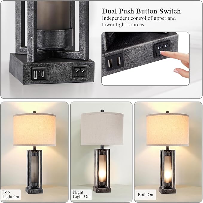 Set of 2 Industrial Table Lamps for Living Room with USB C+A, Vintage End Table Lamp for Bedroom with Gray Nightlight, Farmhouse Rustic Desk Lamp for Bedside, 4 Bulbs Included (Iron Gray)