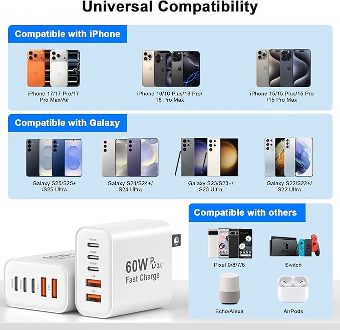 iPhone 17 16 15 Charger Fast Charging, 2 Pack 60W 5-Port USB C Fast Wall Charger Block Multiport Type C Brick Plug Adapter & 6FT Type C Charging Cable Cord for iPhone 17 16 15 Pro Max, MacBook, Galaxy
