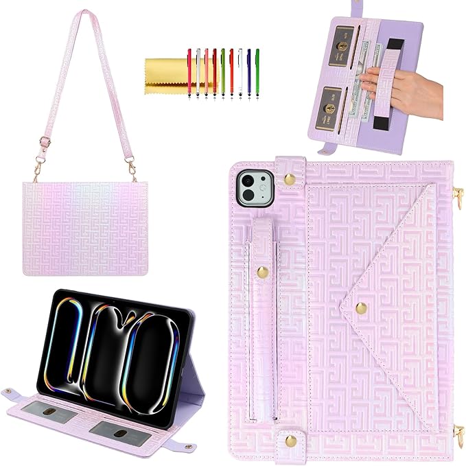 Shiny Case for iPad Pro 13" M5 M4 (2025/2024) Handbag Case, Techcircle Iridescent PU Leather Folio Envelope Pocket Stand Cover with Hand Strap+Shoulder Strap+Pencil Holder+Card Slots, Shiny Lilac