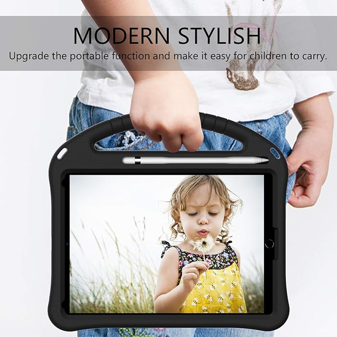 Kids Case for iPad 7th 8th 9th Gen/Air 3rd Gen/Pro 10.5", Techcircle Lightweight Shockproof EVA Foam Rugged Handle Stand Anti-Slip Grip Protective Case with Pencil Holder, Black
