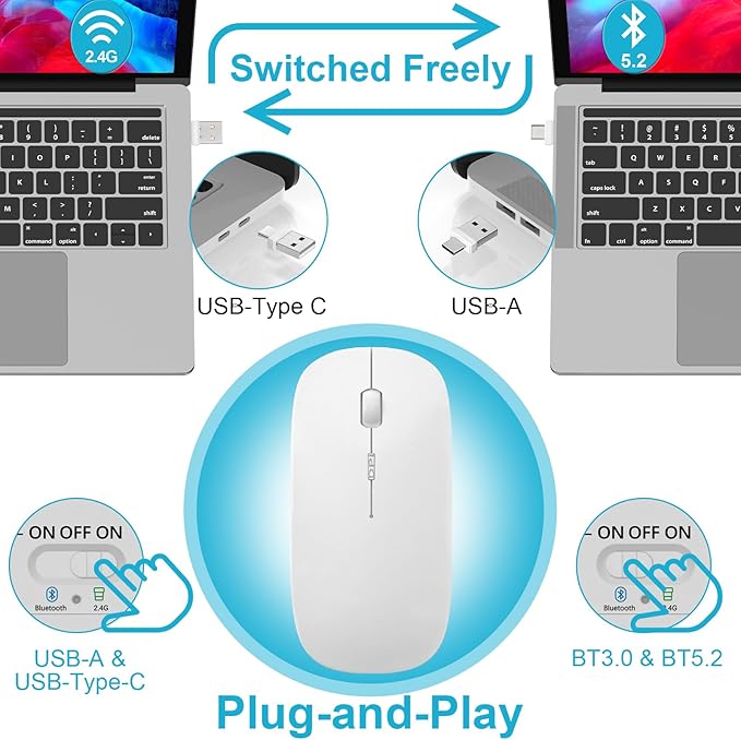 Normdecos Mouse for MacBook Wireless Bluetooth Mouse Laptop MacBook Air Mac Pro Rechargeable Silent PC iPad Optical Mice with Dual Mode Switch Bluetooth 5.2/3.0 and 2.4GHz USB Type-C Receiver Black