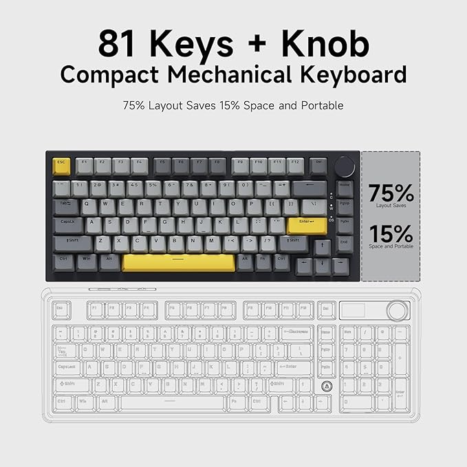 Ajazz 75% Mechanical Gaming Keyboard with Volume Knob, Gasket Mount Wired Custom Keyboard, South-Facing RGB Backlit, PBT Keycaps, Pre-lubed Linear Switches, Creamy Sound for Office & Gaming