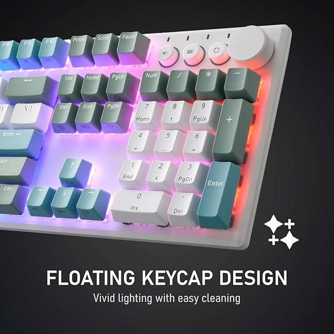 iRocks K74R Wireless RGB Illuminated Mechanical Gaming Keyboard, Hot-Swappable Switches, Easy-to-Clean Floating Design, PBT 107 Keys NKRO, Detachable USB-C Cable - Island Blue (Blue Switches)