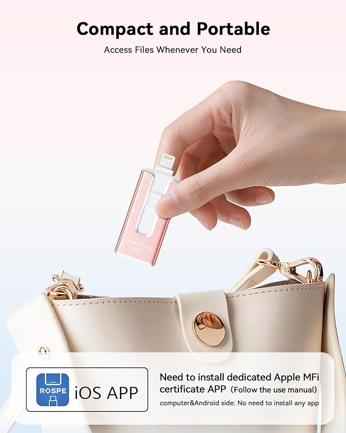 MFi Certified 256GB Flash Drive for iPhone, 3 in 1 Type-C USB Memory Stick Thumb Drive for Photos Videos, High Speed External Memory Storage Photo Stick for iPhone iPad Android PC (Rose Pink)