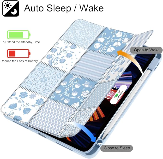 Tuiklol for iPad Pro 12.9 Inch 6th/5th/4th/3rd Generation 2022 2021 2020 2018 Case,Built-in Pencil Holder Clear Transparent Protective Back Shell Cover with Auto Sleep/Wake, Patchwork Floral