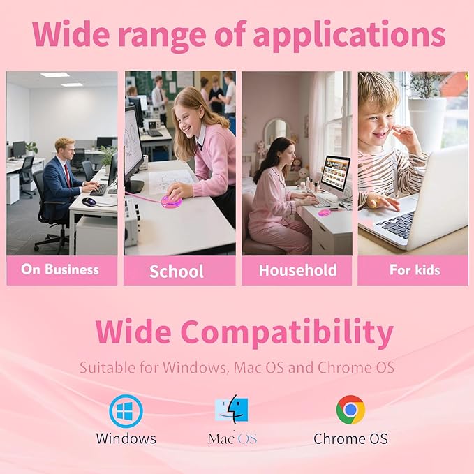 SOON GO Pink Mouse,Computer Mouse,with 1.5m Pink USB Cable - Compatible with Windows, Linux, Mac, Laptop, PC & Desktop - Ideal for Office, Home, Business, School, Kids & Women