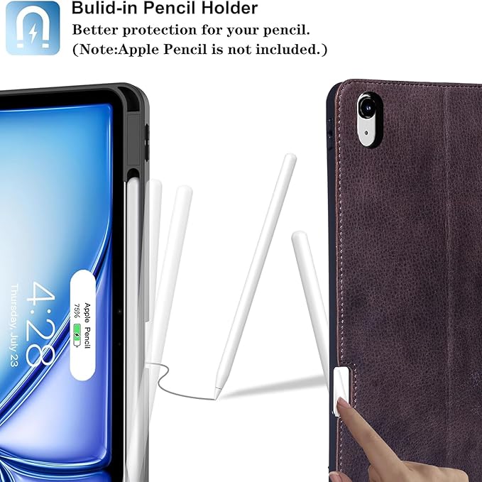 Gexmil Genuine Leather Case for iPad Pro 13 Inch (M5/M4) 2025/2024 with Pencil Holder,Protective Shockproof Smart Premium Leather Folio Cover Adjustable Stand Auto Sleep/Wake Anti-Slip, Sanded Brown