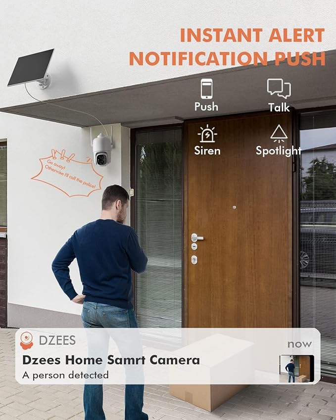 Dzees Security Cameras Wireless Outdoor, 2K Pan/Tilt 360° View Solar/Battery Powered WiFi Cameras for Home Security with AI Motion Detection,Color Night Vision, 2-Way Audio, SD/Cloud Storage - 2 Pack