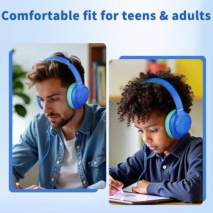 Botesty Sound Wired Headphones with Microphone, Over Ear 3.5mm Plug in Headphones with 4.9ft Tangle-Free Nylon Cord for Tablet, Laptop, MP3/4, School, Airplane Travel (Blue)