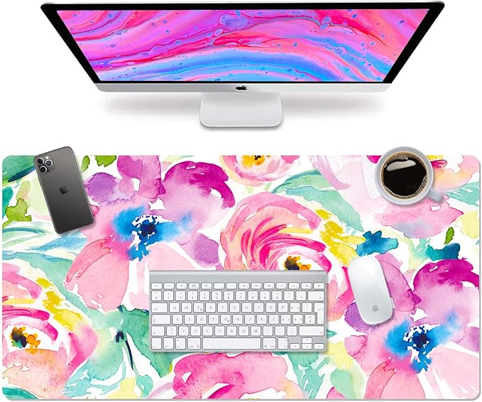 French KOKO Large Mouse Pad Desk Mat Desk Pad Keyboard School Essentials Office Decor Big Extended Laptop Protector Computer Accessories Pretty Mousepad Women Girls Pink Flowers XL Gift