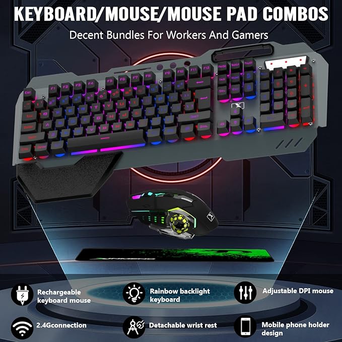 Wireless Gaming Keyboard and Mouse Combo,Rainbow LED Backlit Keyboard with Rechargeable 3800mAh Battery Metal Panel,Removable Wrist Rest Mechanical Feel and 7 Color Mute Gaming Mice for PC PS4 PS5