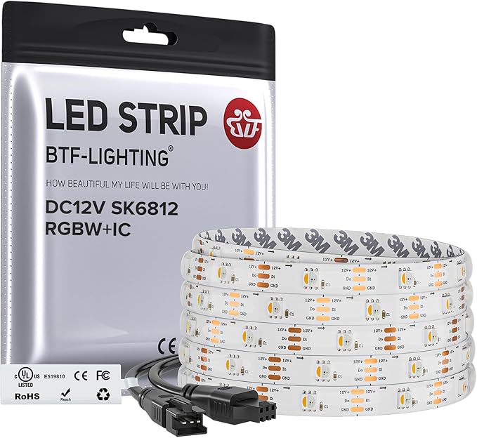 BTF-LIGHTING SK6812(Similar WS2812B) UL Listed RGBW RGB+Warm White(3000K) Individually Addressable DC12V 16.4FT 30LED/m 4 Colors in 1 Light Dream LED Strip IP30 White PCB(No Adapter or Controller)