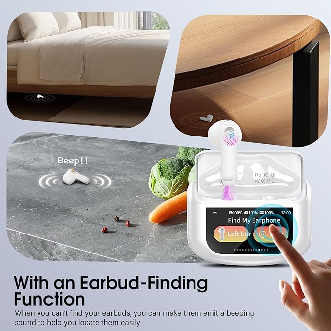 Wireless Earbuds, Bluetooth 5.4 Headphones with Multifunctional Touch Screen, 48H Bass Stereo Ear Buds with ANC/ENC Noise Cancelling/Transparency Mode, IPX7 Earphones with 5 EQ Modes, Ceramic White