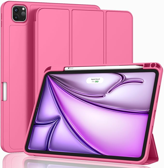 ZryXal New iPad Air 13 Inch Case M3 2025/M2 2024 with Pencil Holder, Trifold Stand Smart Case with Soft TPU Back,Auto Wake/Sleep(Peach Red)