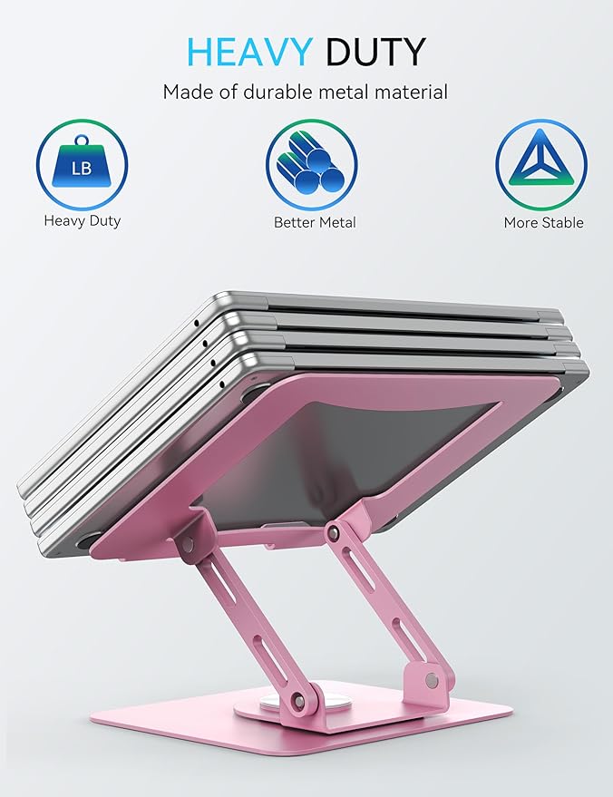SOUNDANCE 360 Rotating Laptop Stand, Ergonomic Computer Riser for Desk, Adjustable Height Multi-Angle Metal Holder, Foldable Portable Notebook Elevating Base for Office & Home, Pink