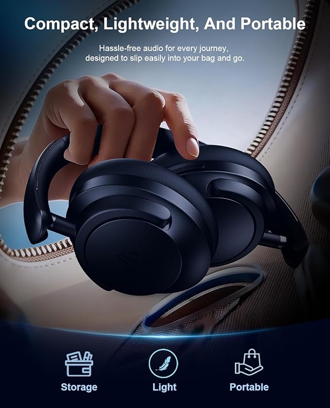 Hybrid Active Noise Cancelling Headphones, Over-Ear Bluetooth Headphone with Hi-Res Audio, 60H Playtime, Deep Bass, Transparency Mode, Foldable Comfort Ear Cups, Ideal gift for Travel Office - Navy
