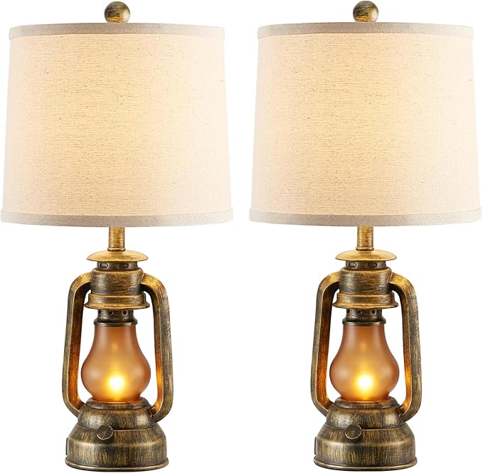 Set of 2 Farmhouse Lantern Table Lamps for Living Room with 2 USB Charging Ports, Rustic Vintage Nightstand Lamps with Nightlight for Bedroom End Table Entryway, 4 Bulb Included