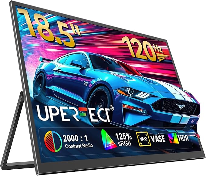 UPERFECT Portable Monitor 18.5" 120HZ 125% sRGB Portable Laptop Monitor w/VESA & Stand, FreeSync HDR Gaming Monitor, 350Nits USB-C & MINI HDMI Travel Second Screen for Laptop, PC, Game Consoles
