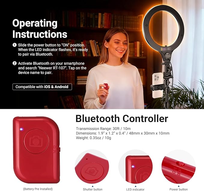 NEEWER ENTRY LEVEL VERSION 10.5" 10W Ring Light with 66" Tripod Stand, Overhead Phone Holder Mount Compatible with iPhone, Bi Color CRI85+ LED Selfie Lighting for TikTok Video Recording Streaming, N43
