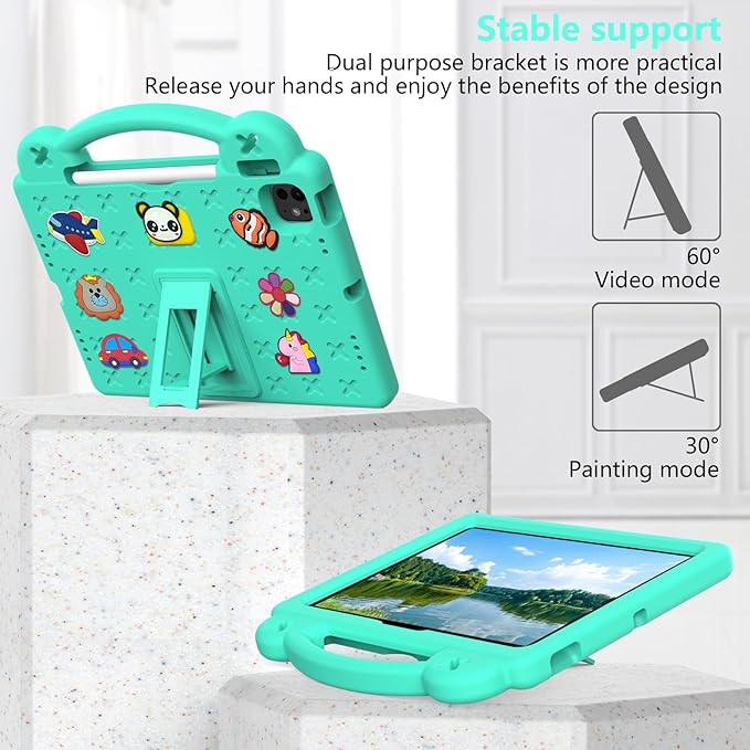 Dteck Case for iPad Air 13",iPad Pro 13" 2024 M4 Kids Case,iPad Pro 12.9 Case 6th/5th/4th/3rd Gen,Cartoon Panda Shockproof Rugged Lightweight Convertible Stand Handles Kids Friendly Case,Mint Green