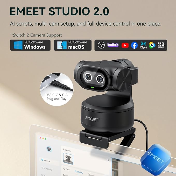 EMEET PIXY Dual-Camera AI-Powered PTZ Camera 2K, AI Tracking, PDAF&AI Autofocus 0.2s, 1/2.55'' Sony Sensor, 3 Mics, Presets, Gesture Control, 2K Webcam for Streaming and OBS/Twitch/Switch 2 Compatible